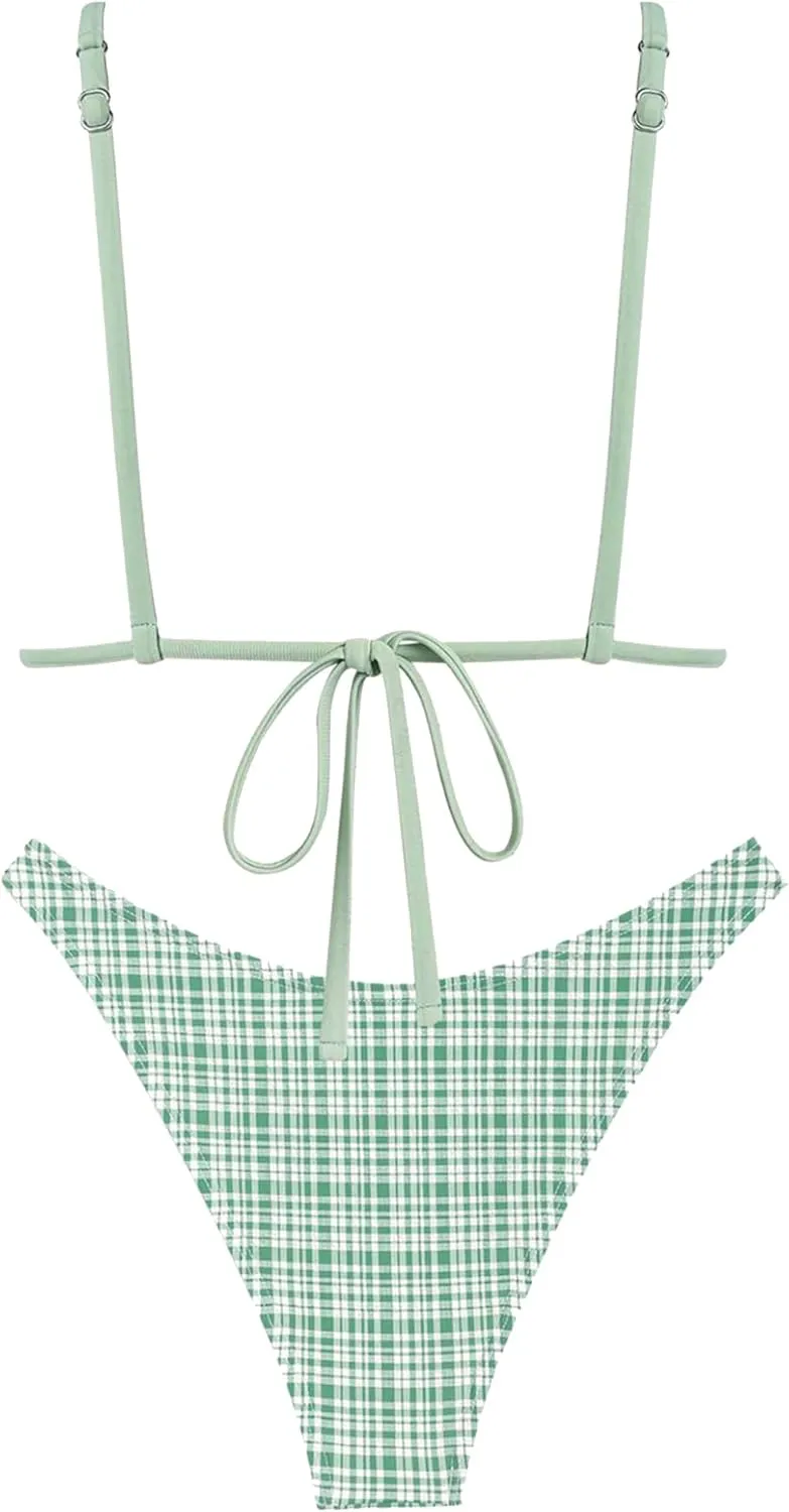 seamoly Women's Bikini Sets Tie Back Bowknot Two Piece Swimsuits Triangle Thong Bathing Suit Gingham Floral Cherry Printing