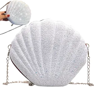 Seashell Purse Large Capacity Glitter Seashell Shaped Evening Purse Zipper Closure Crossbody Bag with Chain Shoulder Bag for Wedding Party, Seashell Purse/61