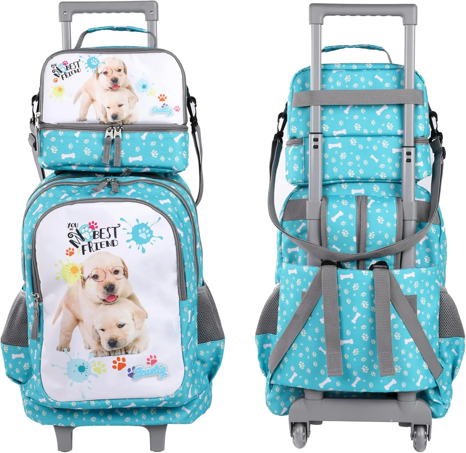 seastig Rolling Backpack 18in Double Handle Backpack Kids Wheeled Backpack Roller Backpack with Lunch Bag Set Girls Boys