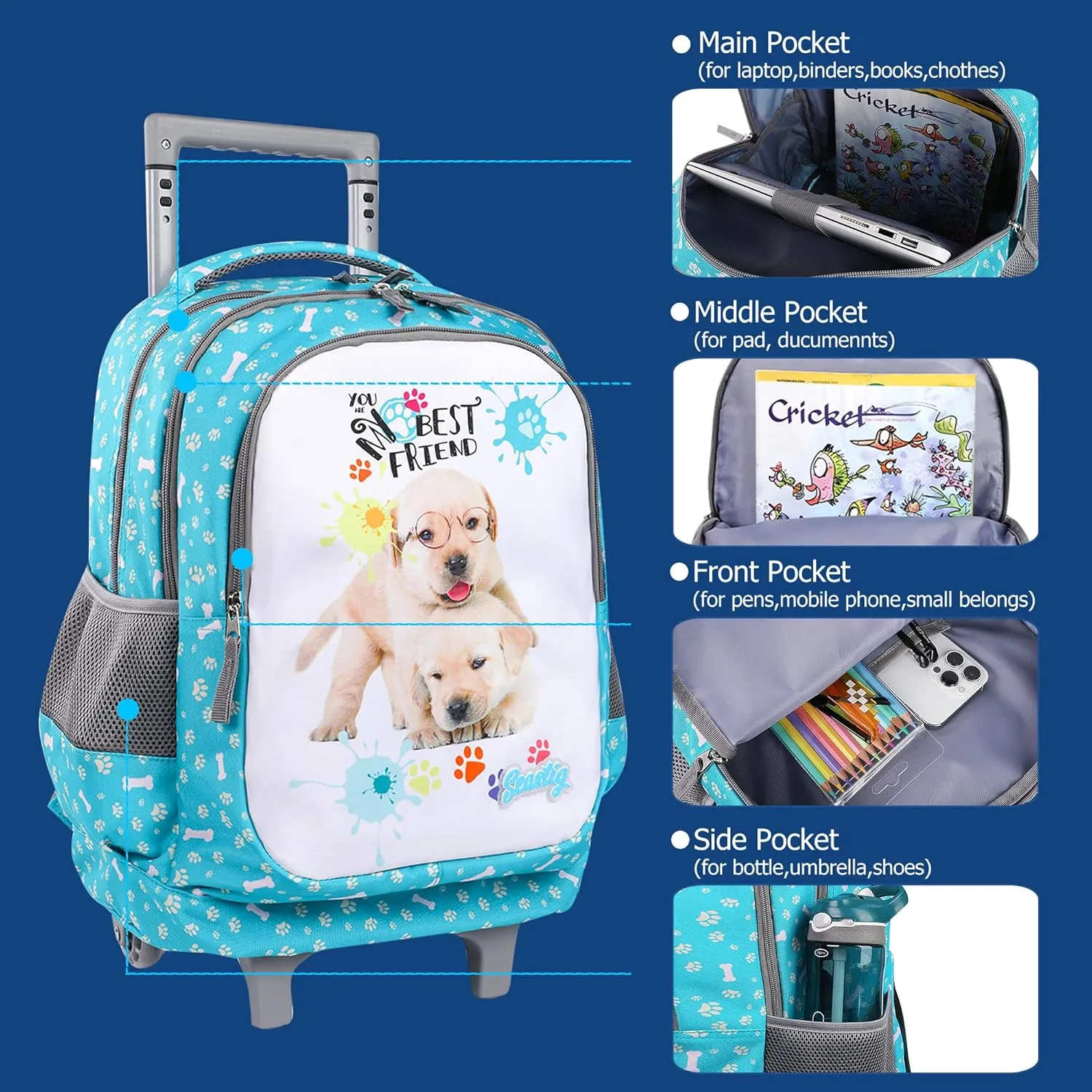seastig Rolling Backpack 18in Double Handle Backpack Kids Wheeled Backpack Roller Backpack with Lunch Bag Set Girls Boys