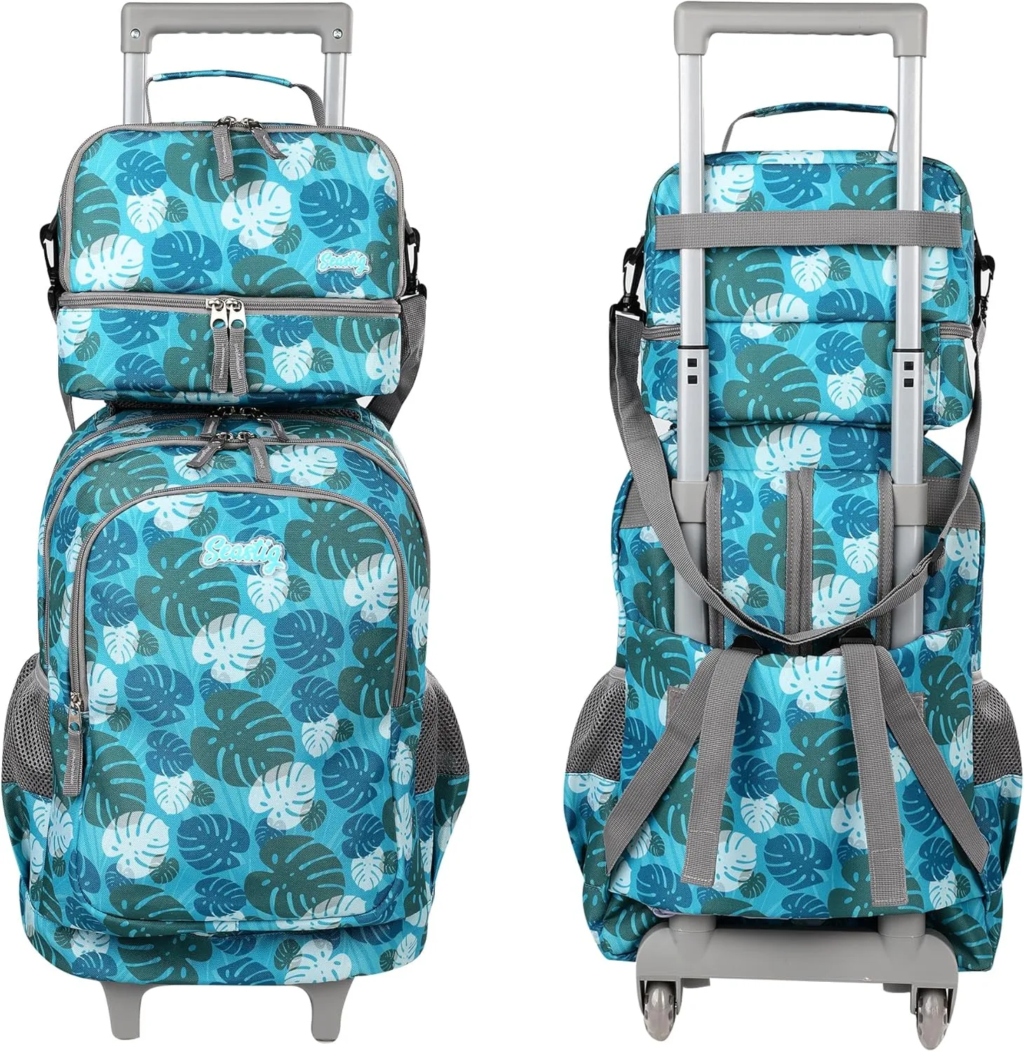 seastig Rolling Backpack 18in Double Handle Backpack Kids Wheeled Backpack Roller Backpack with Lunch Bag Set Girls Boys