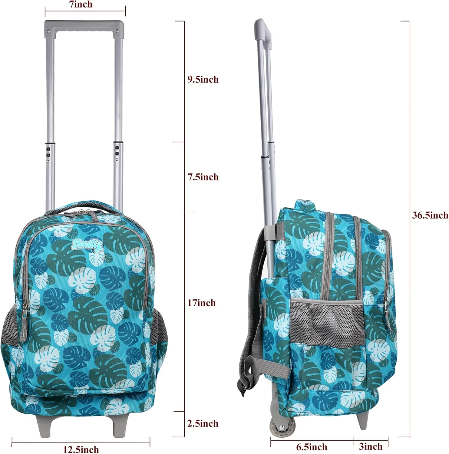 seastig Rolling Backpack 18in Double Handle Backpack Kids Wheeled Backpack Roller Backpack with Lunch Bag Set Girls Boys
