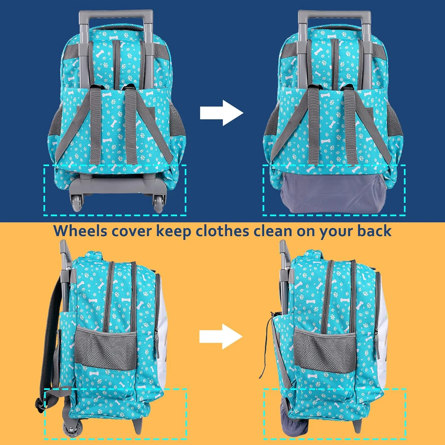 seastig Rolling Backpack 18in Double Handle Backpack Kids Wheeled Backpack Roller Backpack with Lunch Bag Set Girls Boys