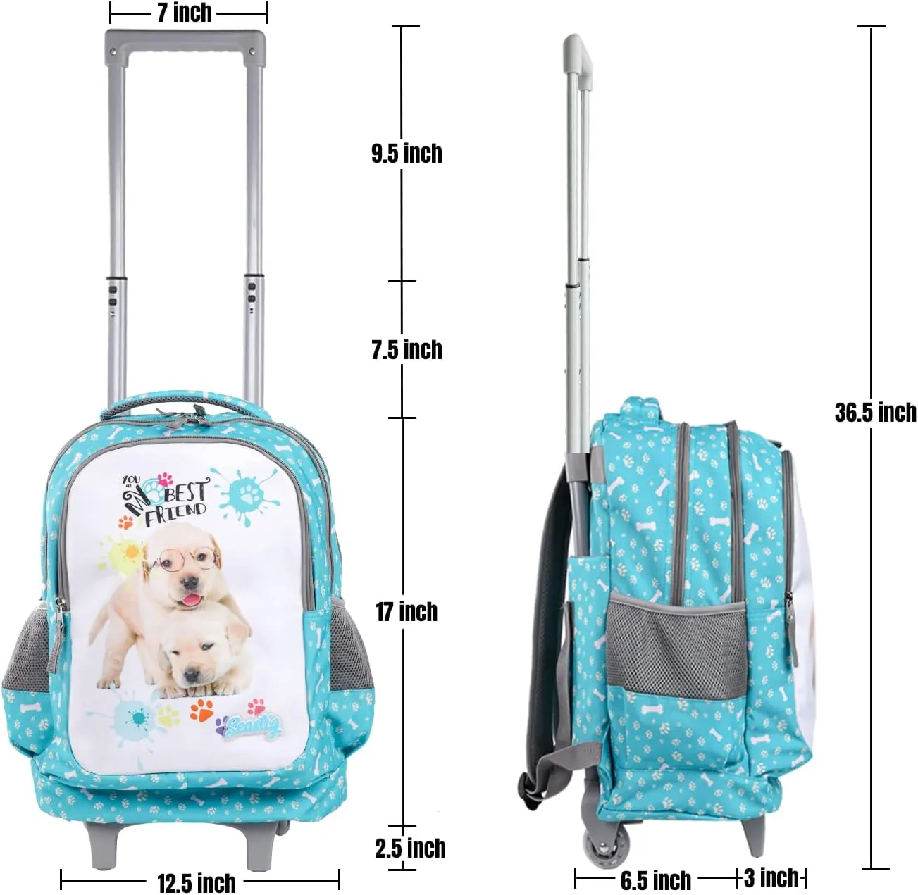 seastig Rolling Backpack 18in Double Handle Backpack Kids Wheeled Backpack Roller Backpack with Lunch Bag Set Girls Boys