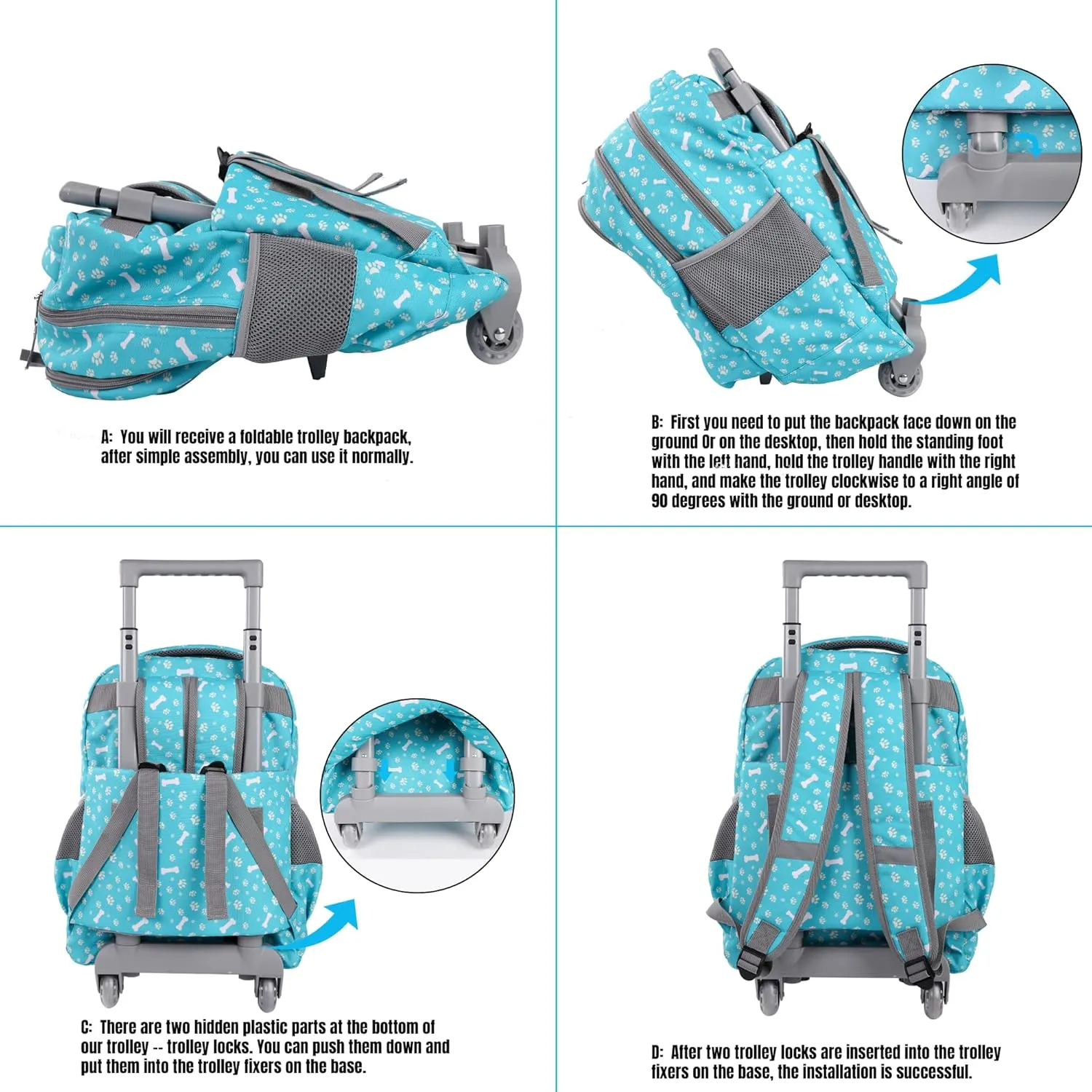 seastig Rolling Backpack 18in Double Handle Backpack Kids Wheeled Backpack Roller Backpack with Lunch Bag Set Girls Boys
