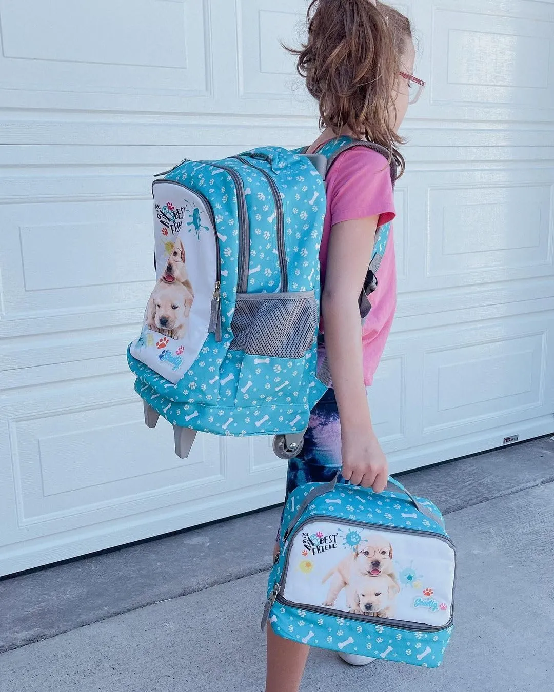 seastig Rolling Backpack 18in Double Handle Backpack Kids Wheeled Backpack Roller Backpack with Lunch Bag Set Girls Boys