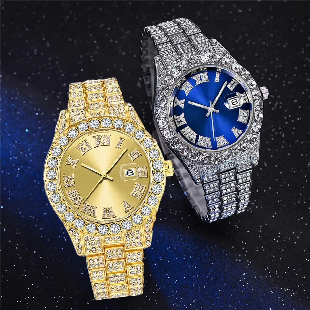 SENRUD Unisex Watch Fashion Crystal Diamond Watch Mens Womens Quartz Analog Watch Stainless Steel Big Face Wrist Watch