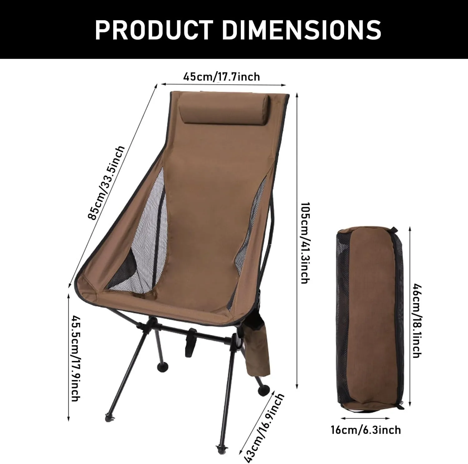 Set of 2 High Back Camping Chairs, Portable Lightweight Folding Chair with Headrest & Carry Bag, All Aluminum Structure, Outdoor Camp Chair for Hiking, Beach, Garden,Brown (Brown One Size)