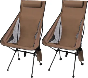 Set of 2 High Back Camping Chairs, Portable Lightweight Folding Chair with Headrest & Carry Bag, All Aluminum Structure, Outdoor Camp Chair for Hiking, Beach, Garden,Brown (Brown One Size)