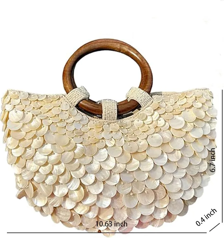 Shell Beaded Beach Purse for Women Luxury Handmade Top Handle Bag Beach Evening Handbag for Summer Vacation