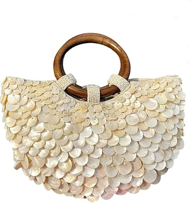 Shell Beaded Beach Purse for Women Luxury Handmade Top Handle Bag Beach Evening Handbag for Summer Vacation