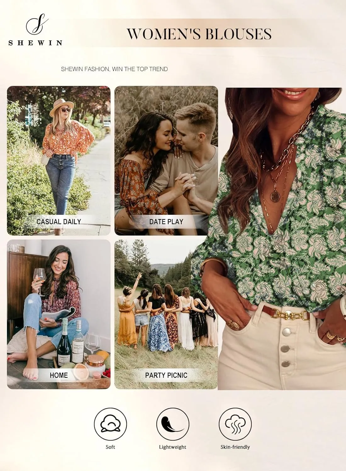 SHEWIN Women's Tops Casual V Neck Long Sleeve Shirts Floral Boho Blouses Tunics