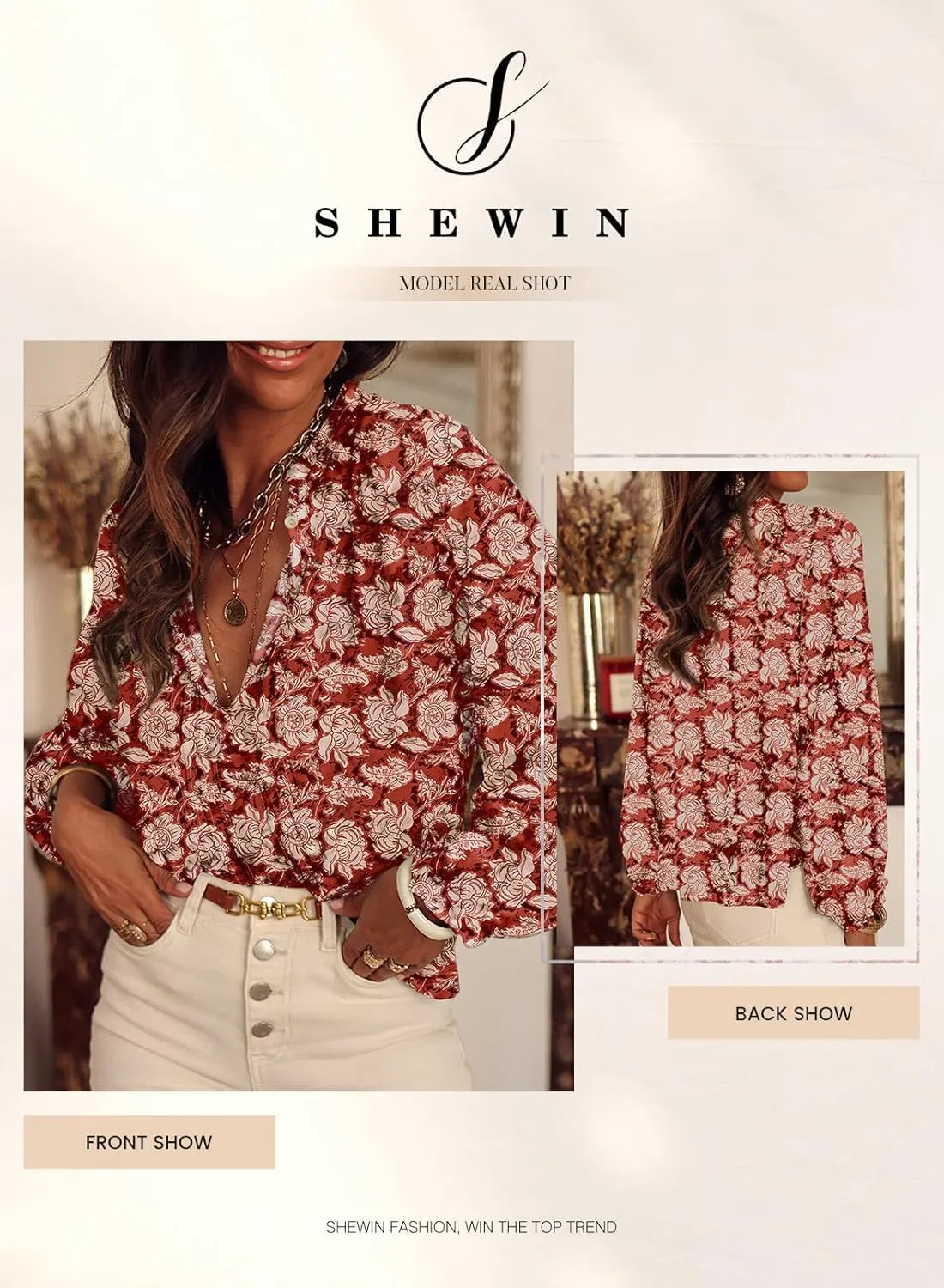 SHEWIN Women's Tops Casual V Neck Long Sleeve Shirts Floral Boho Blouses Tunics