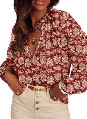 SHEWIN Women's Tops Casual V Neck Long Sleeve Shirts Floral Boho Blouses Tunics