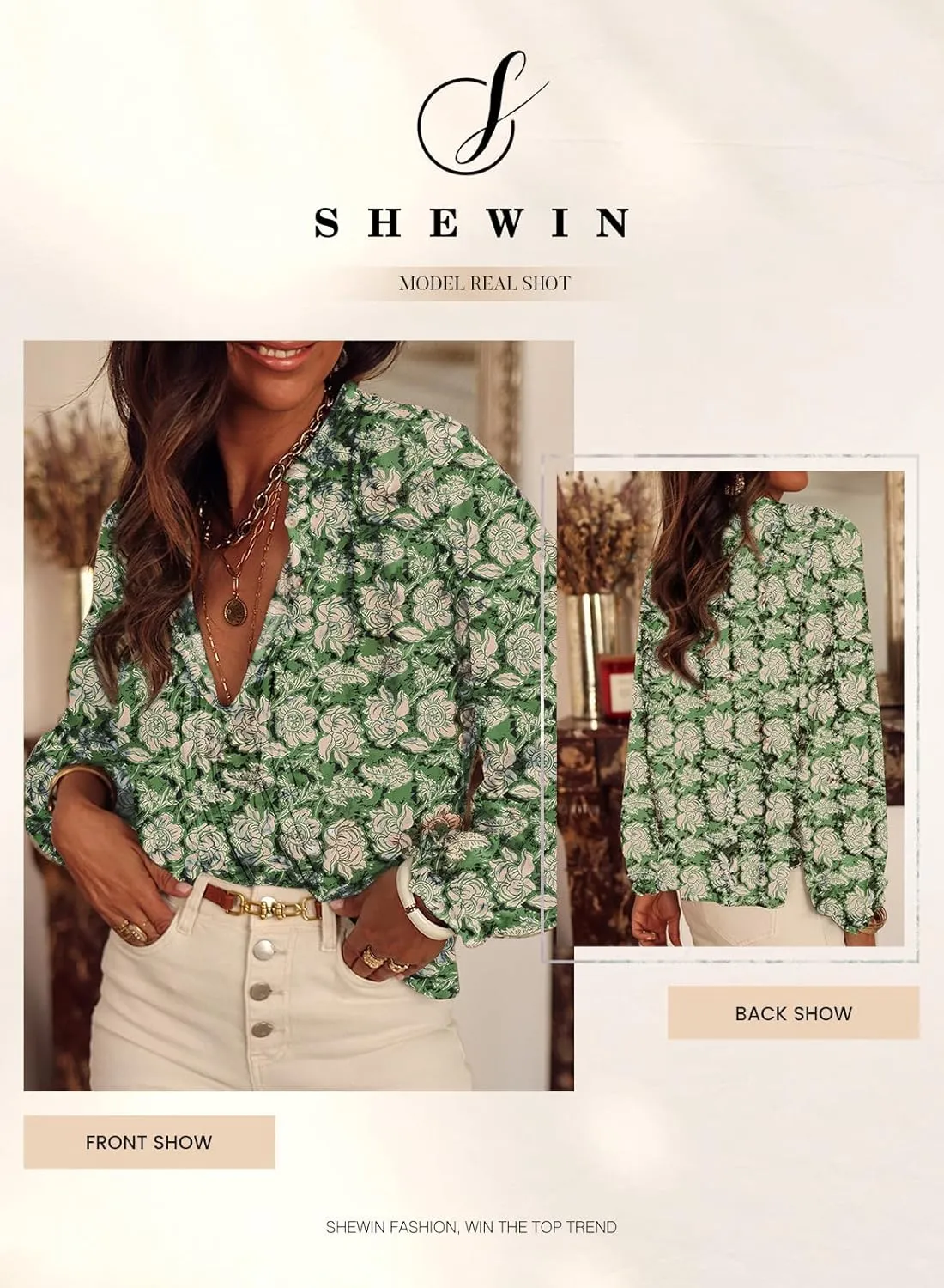SHEWIN Women's Tops Casual V Neck Long Sleeve Shirts Floral Boho Blouses Tunics