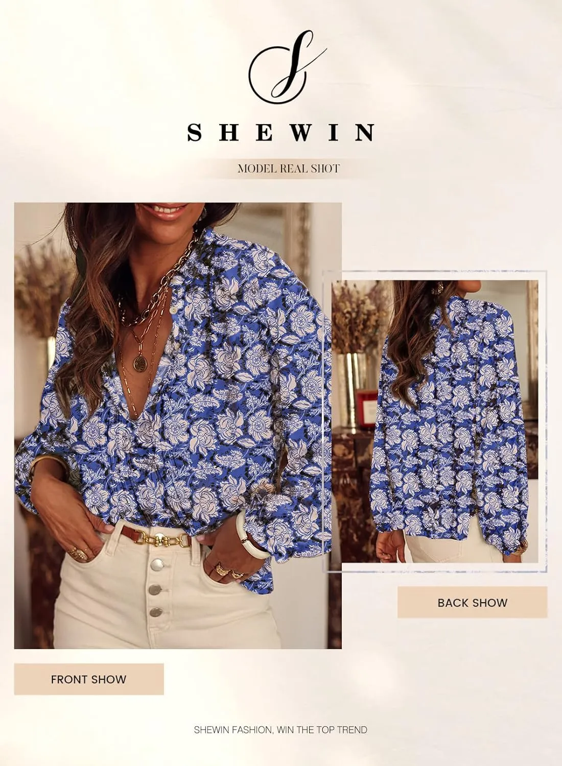 SHEWIN Women's Tops Casual V Neck Long Sleeve Shirts Floral Boho Blouses Tunics