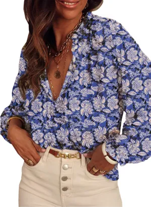 SHEWIN Women's Tops Casual V Neck Long Sleeve Shirts Floral Boho Blouses Tunics