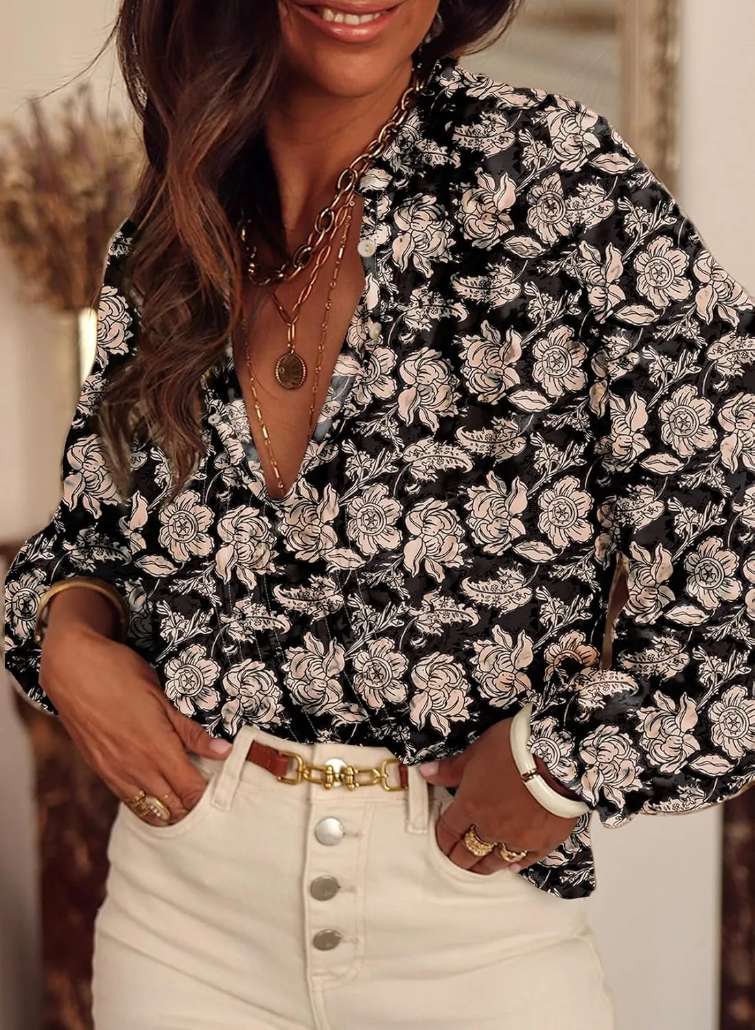 SHEWIN Women's Tops Casual V Neck Long Sleeve Shirts Floral Boho Blouses Tunics