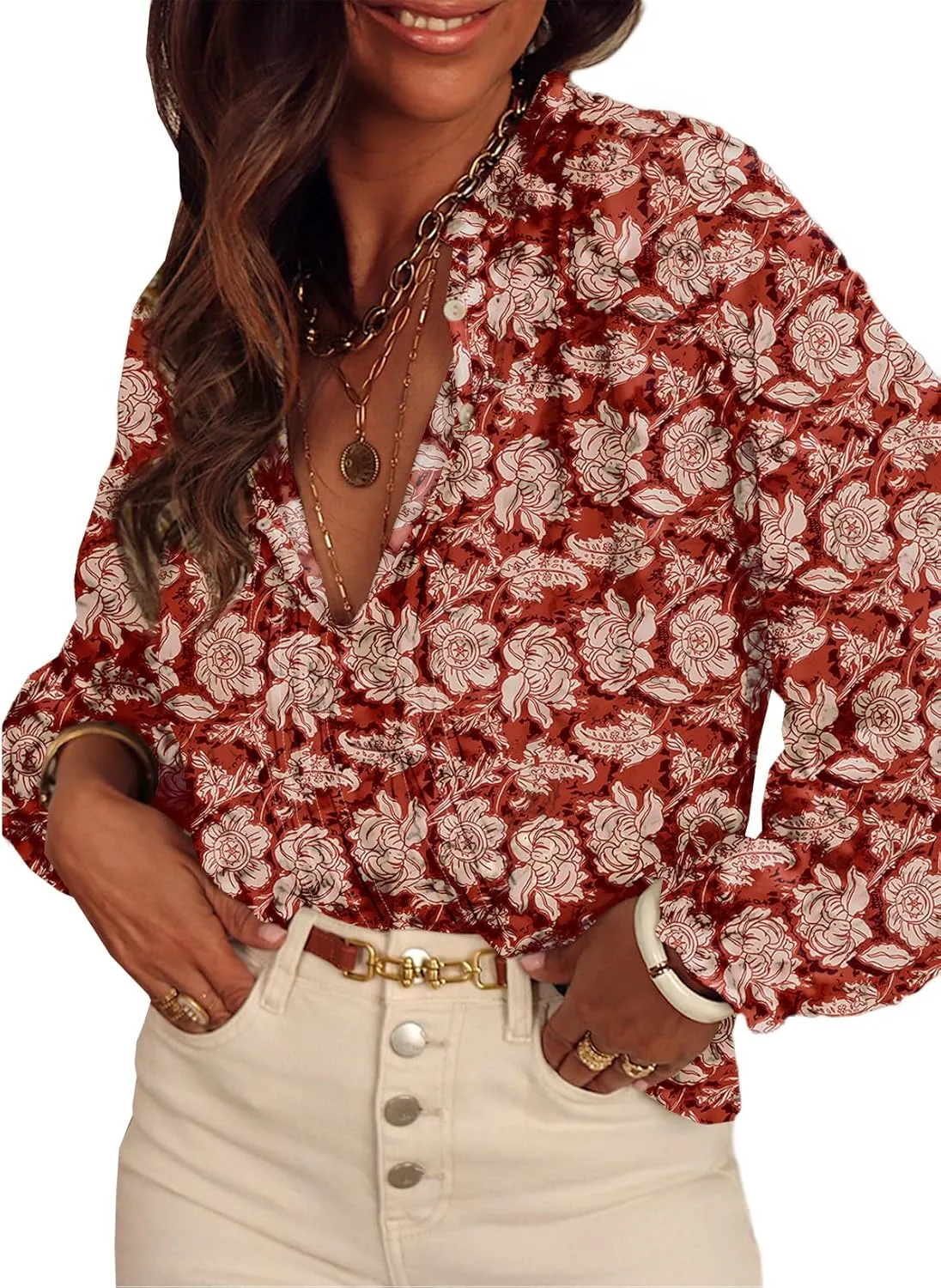 SHEWIN Women's Tops Casual V Neck Long Sleeve Shirts Floral Boho Blouses Tunics