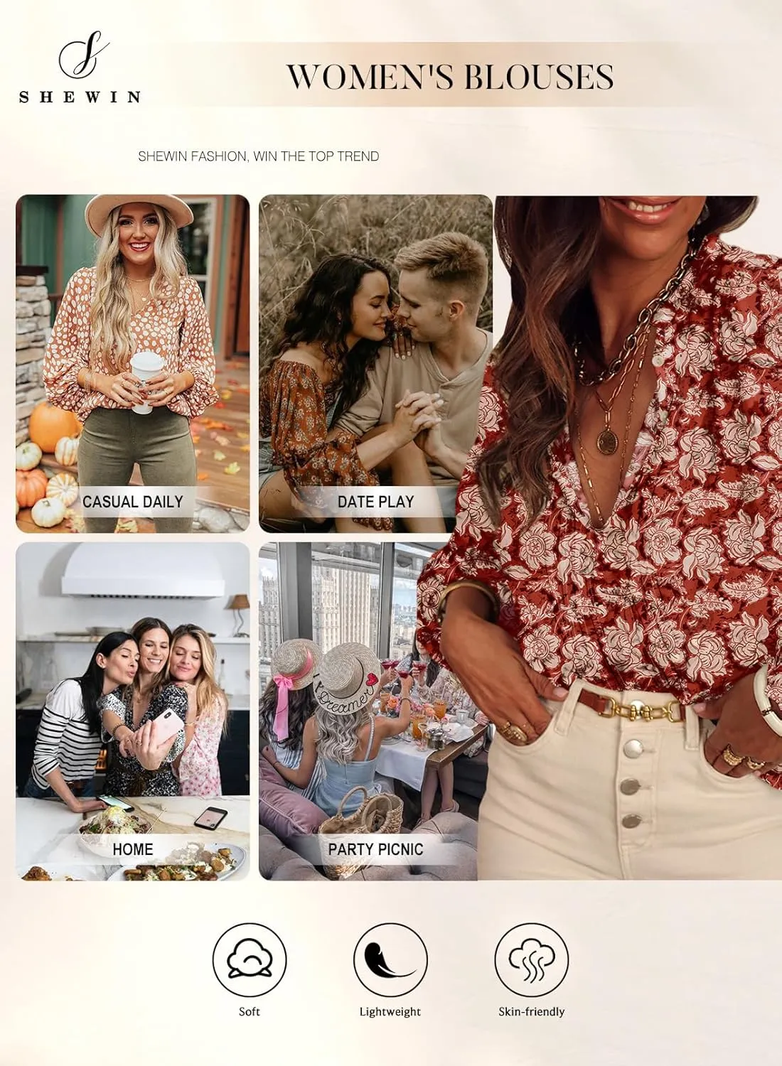 SHEWIN Women's Tops Casual V Neck Long Sleeve Shirts Floral Boho Blouses Tunics