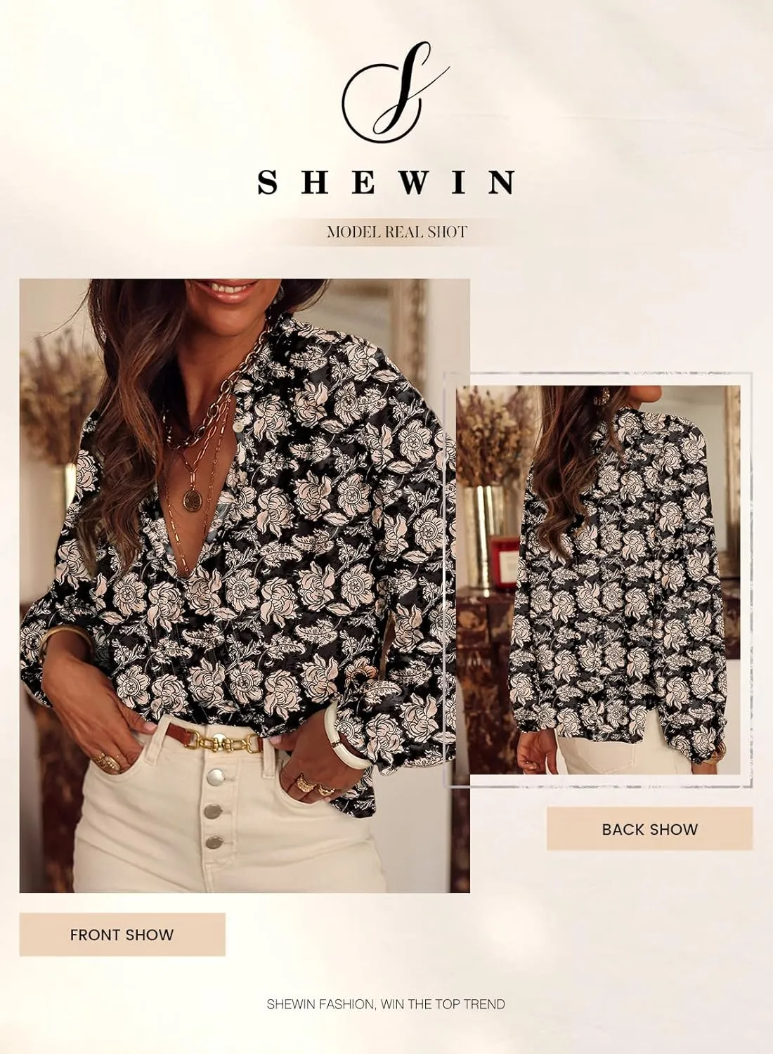 SHEWIN Women's Tops Casual V Neck Long Sleeve Shirts Floral Boho Blouses Tunics