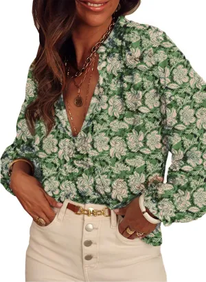 SHEWIN Women's Tops Casual V Neck Long Sleeve Shirts Floral Boho Blouses Tunics