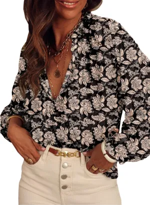 SHEWIN Women's Tops Casual V Neck Long Sleeve Shirts Floral Boho Blouses Tunics