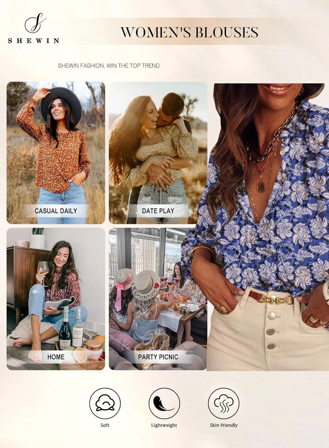SHEWIN Women's Tops Casual V Neck Long Sleeve Shirts Floral Boho Blouses Tunics