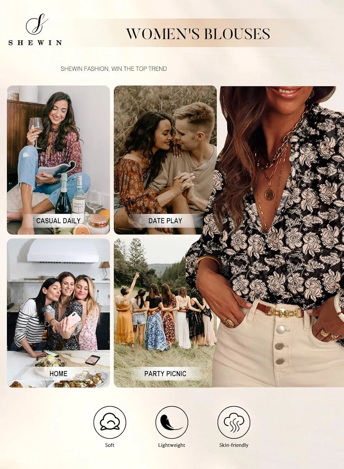 SHEWIN Women's Tops Casual V Neck Long Sleeve Shirts Floral Boho Blouses Tunics