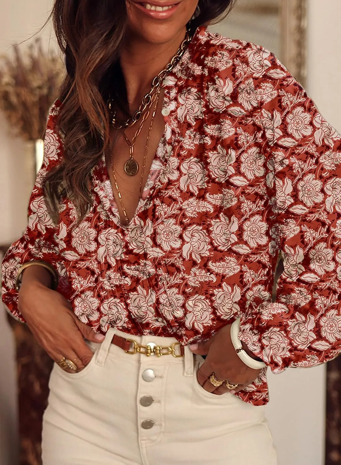 SHEWIN Women's Tops Casual V Neck Long Sleeve Shirts Floral Boho Blouses Tunics
