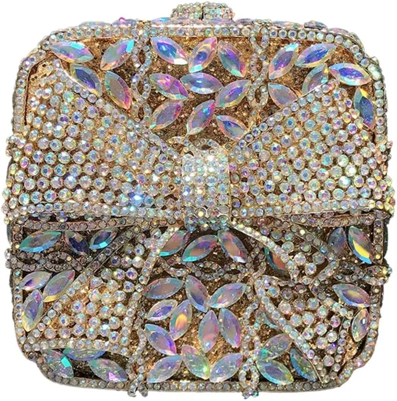 Shining Ladies Bow Knot Evening Clutch Crystal Handbag Rhinestone Shoulder Bag Diamond Purse for Wedding Prom Party