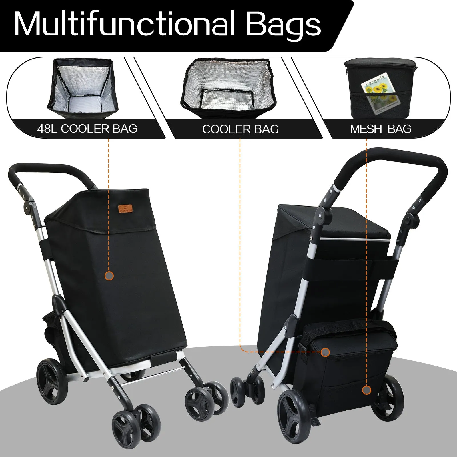 Shopping Trolley Foldable Grocery Cart With Removable Insulated Cooler Bag