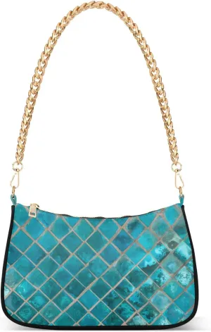 Shoulder Bags for Women Exotic Shiny Turquoise Ceramic Mosaic Tile Hobo Tote Handbag Small Clutch Purse with Zipper Closure