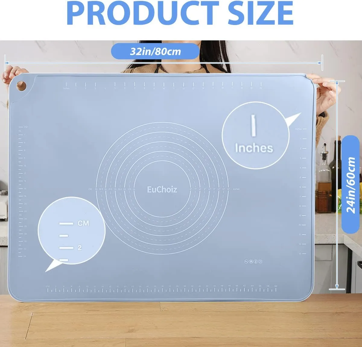 Silicone Pastry Mat 32"*24" Extra Thick Non Stick Baking Mat Food Grade Silicone Dough Rolling Mat with Edge Heightening Large Blue