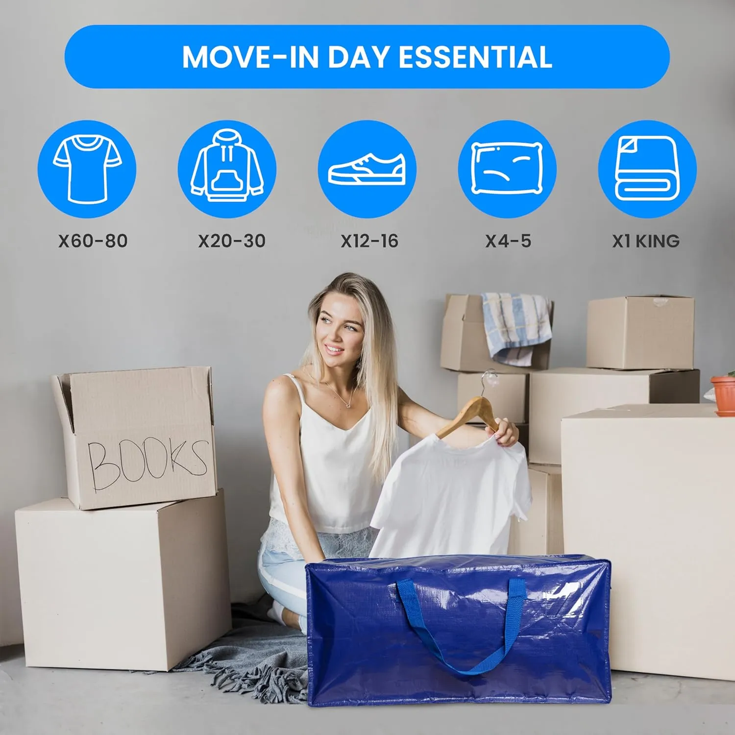Simple Deluxe 12 Pack Extra Large Moving Bags with Backpack Straps, Strong Handles/Zippers, Heavy Duty Storage Tote For Moving Travel Camping Space Saving, Blue