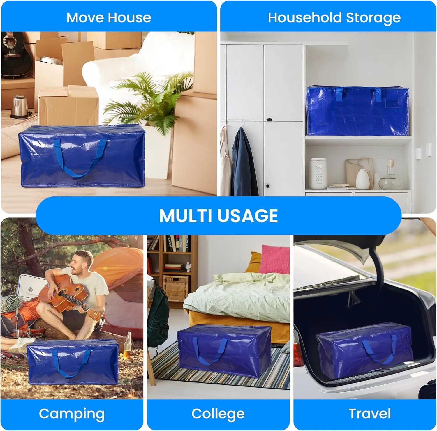 Simple Deluxe 12 Pack Extra Large Moving Bags with Backpack Straps, Strong Handles/Zippers, Heavy Duty Storage Tote For Moving Travel Camping Space Saving, Blue
