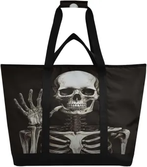 Skeleton Insulated Cooler Bag with Zipper & Pocket, Foldable Grocery Bags Leak Proof Reusable Lunch Bags Portable Travel Tote Bag for Food Delivery, Shopping, Beach or Picnic