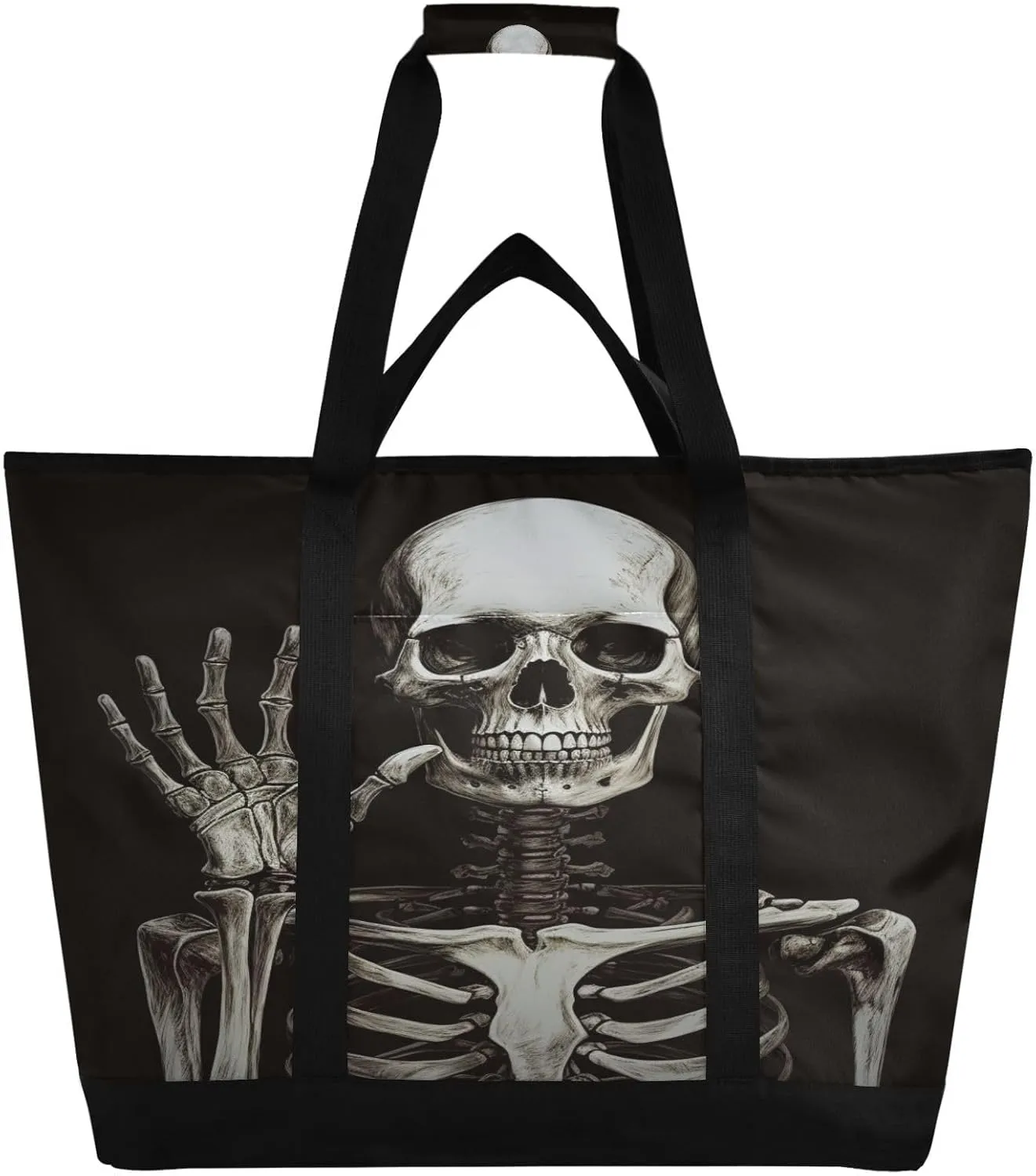 Skeleton Insulated Cooler Bag with Zipper & Pocket, Foldable Grocery Bags Leak Proof Reusable Lunch Bags Portable Travel Tote Bag for Food Delivery, Shopping, Beach or Picnic