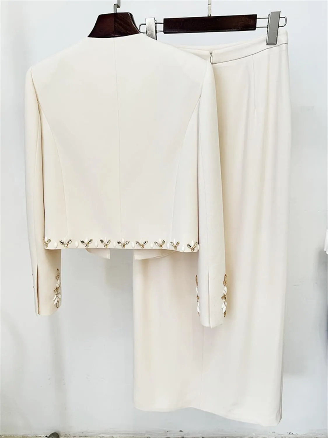 Skirt Suit Set for Women Round Neck Long Sleeve Patchwork Dimonds Coat High Waist Chic Skirts Sets 2 PCS