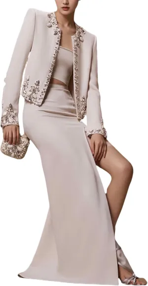 Skirt Suit Set for Women Round Neck Long Sleeve Patchwork Dimonds Coat High Waist Chic Skirts Sets 2 PCS