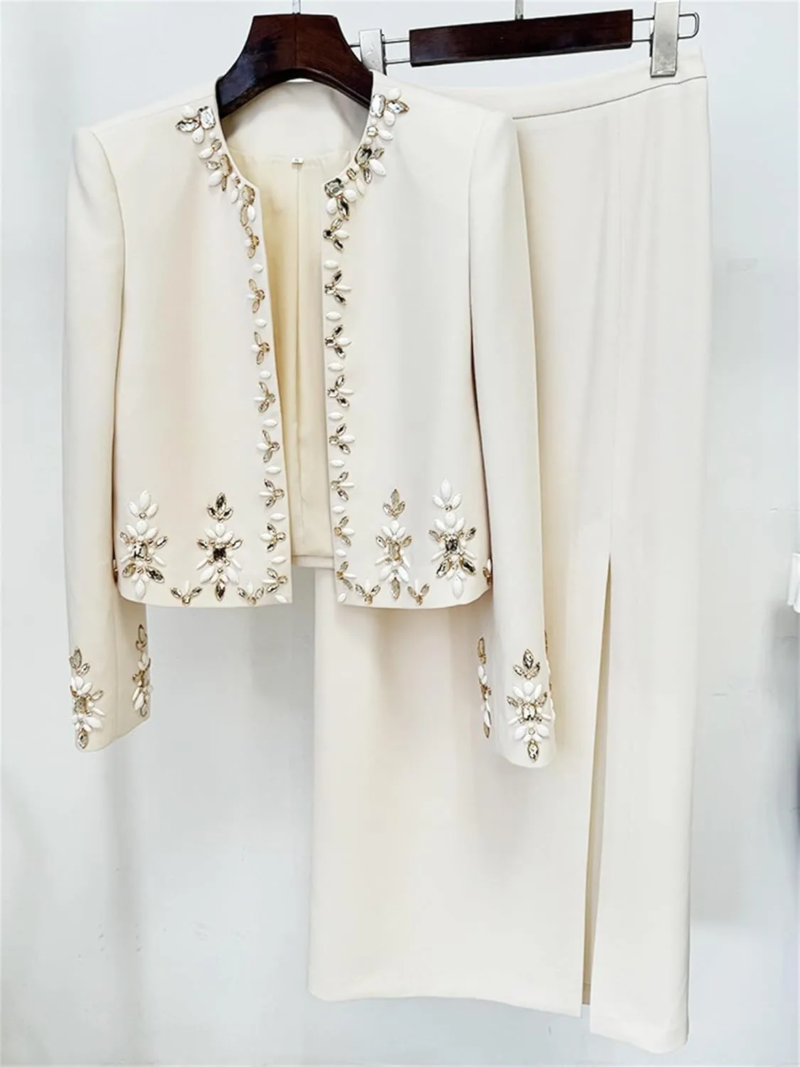 Skirt Suit Set for Women Round Neck Long Sleeve Patchwork Dimonds Coat High Waist Chic Skirts Sets 2 PCS