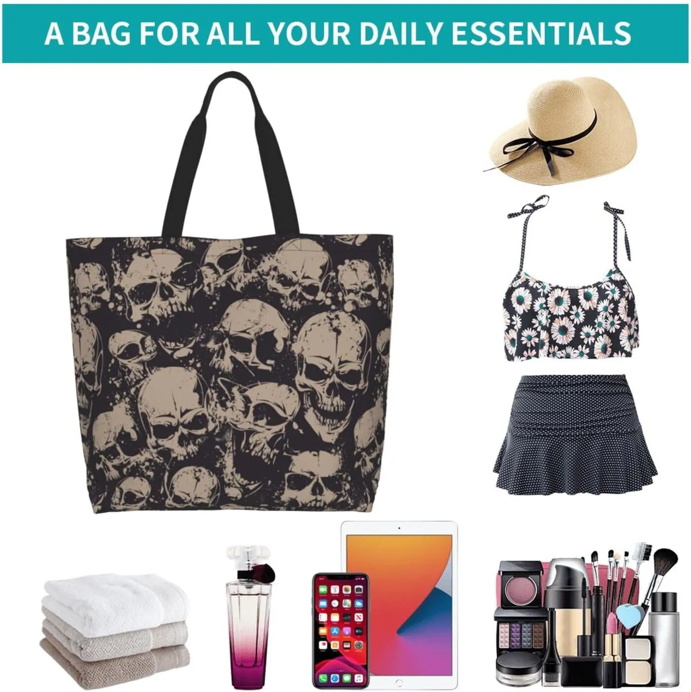 Skull Rose Tote Bag For Women, Large Shoulder Bags Foldable Grocery Handbag For Travel Shopping Sport Picnic
