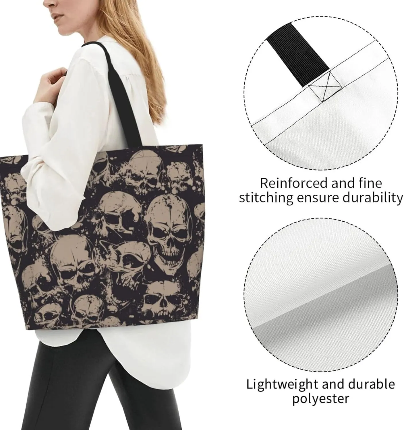 Skull Rose Tote Bag For Women, Large Shoulder Bags Foldable Grocery Handbag For Travel Shopping Sport Picnic