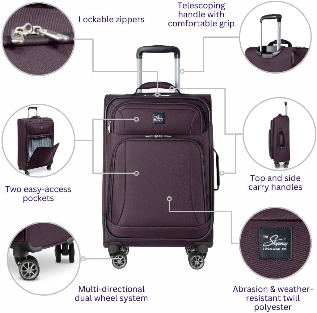 Skyway Epic Softside Carry-On Luggage - Lightweight Suitcase with Wheels for Travel | TSA Approved Carry-On Bag | Spinner Suitcase | Carry-On Luggage with Telescoping Handle, 20 inch, Plum