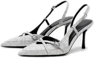 Slingback Heels for Women Closed Pointed Toe Kitten Dress Pumps with Buckle Straps Stiletto Work High Heels Denim Heeled Sandal