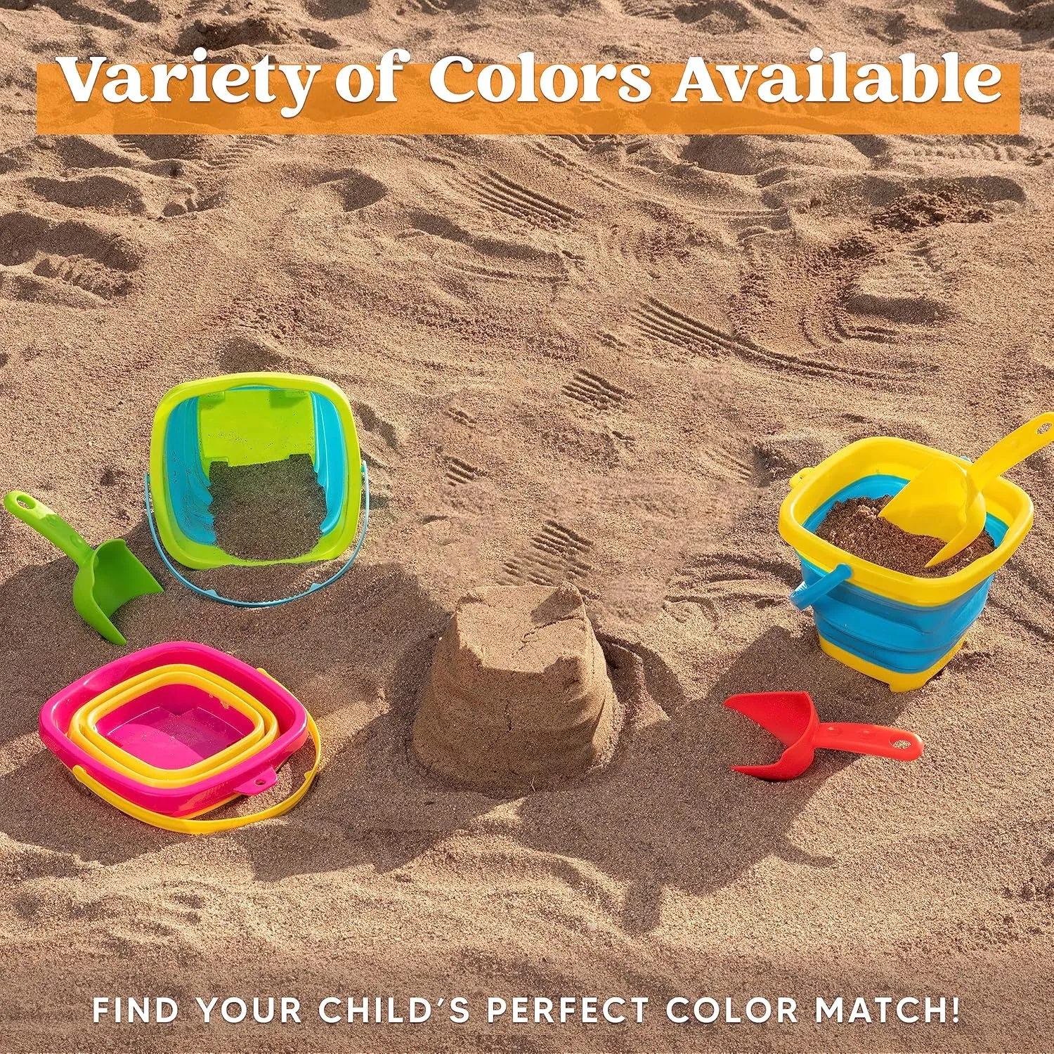 SLOOSH 3 PCS Foldable Buckets with 3 Shovels Sand Water Bucket Sandbox Square Party in Summer Foldable Pail Silicone Collapsible Bucket Kids Beach Toys Travel (Yellow/Blue/Green)