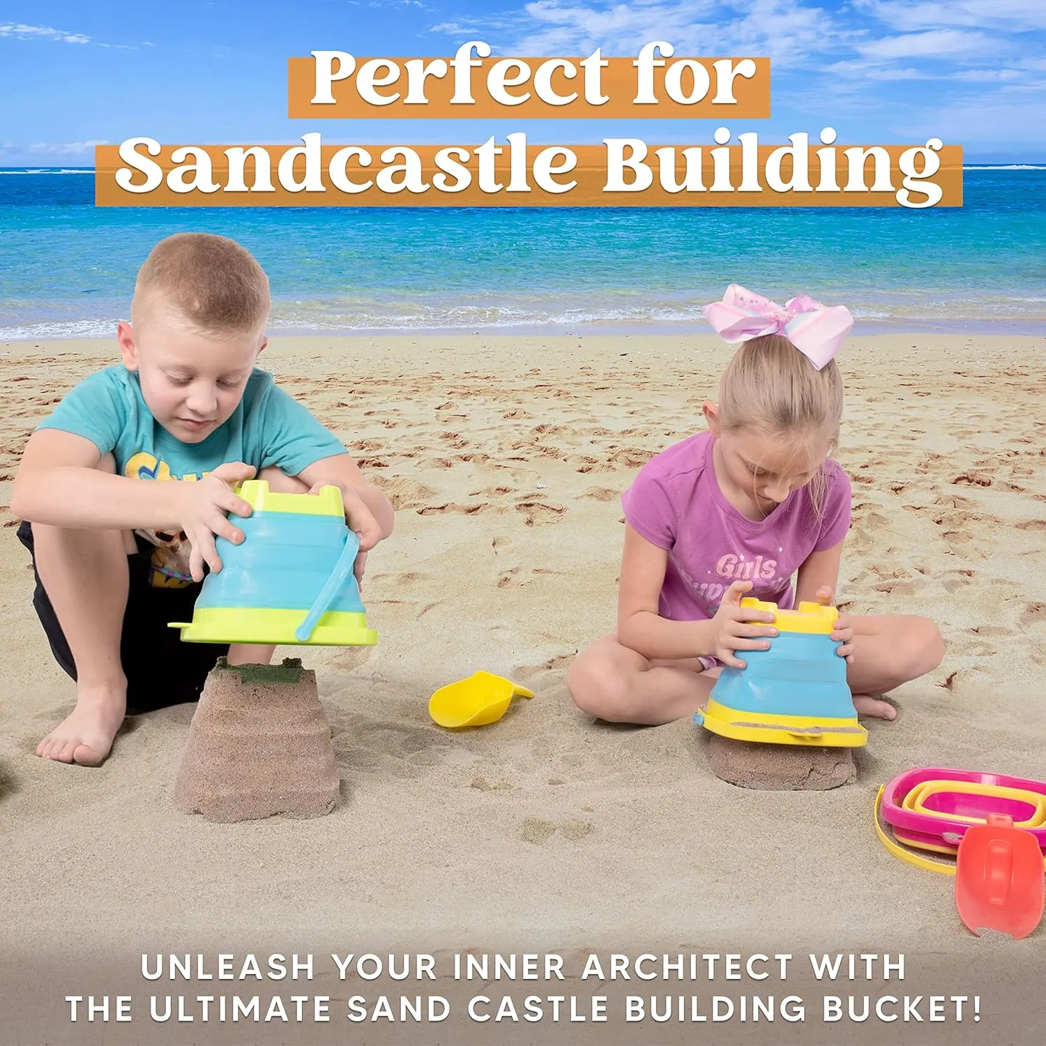 SLOOSH 3 PCS Foldable Buckets with 3 Shovels Sand Water Bucket Sandbox Square Party in Summer Foldable Pail Silicone Collapsible Bucket Kids Beach Toys Travel (Yellow/Blue/Green)