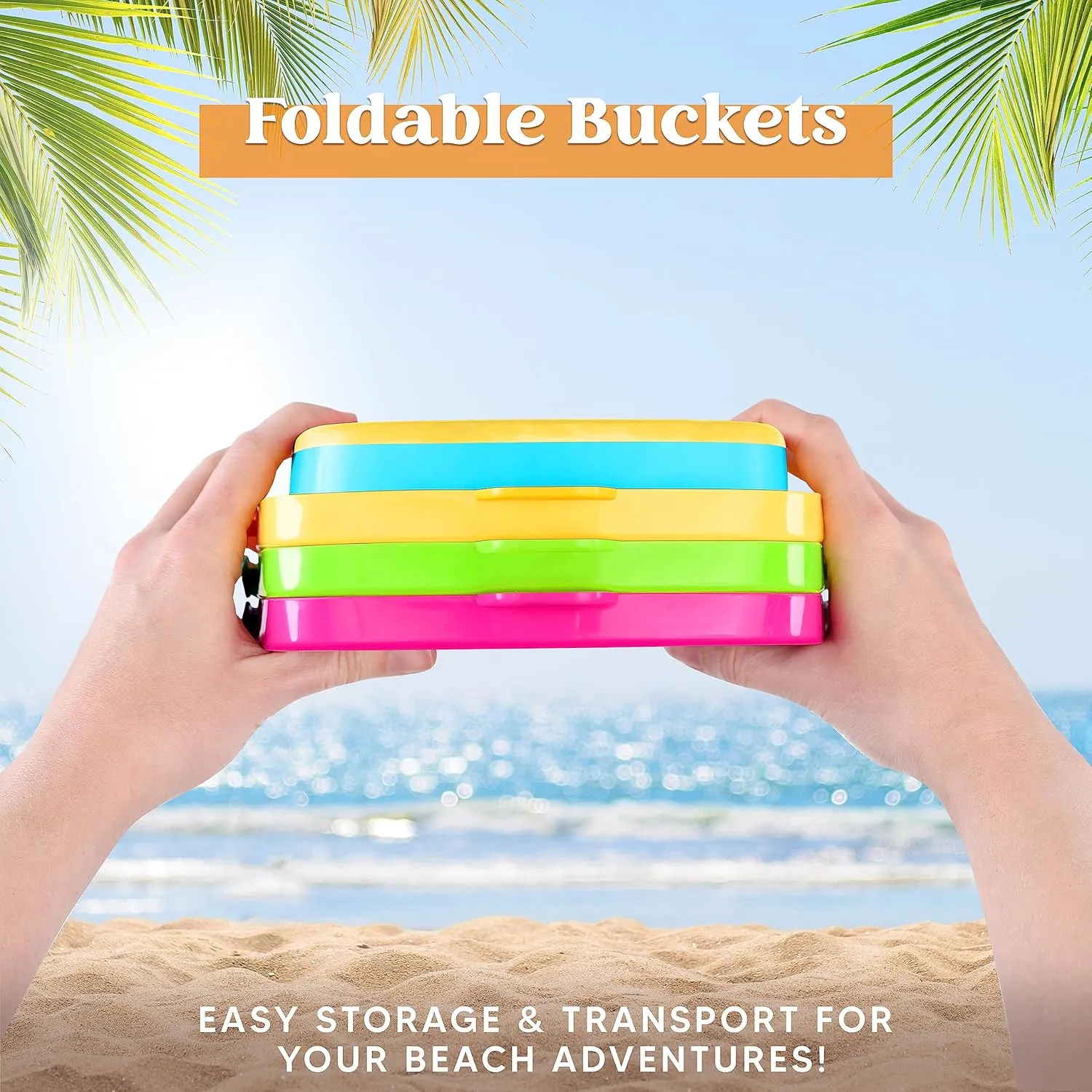 SLOOSH 3 PCS Foldable Buckets with 3 Shovels Sand Water Bucket Sandbox Square Party in Summer Foldable Pail Silicone Collapsible Bucket Kids Beach Toys Travel (Yellow/Blue/Green)