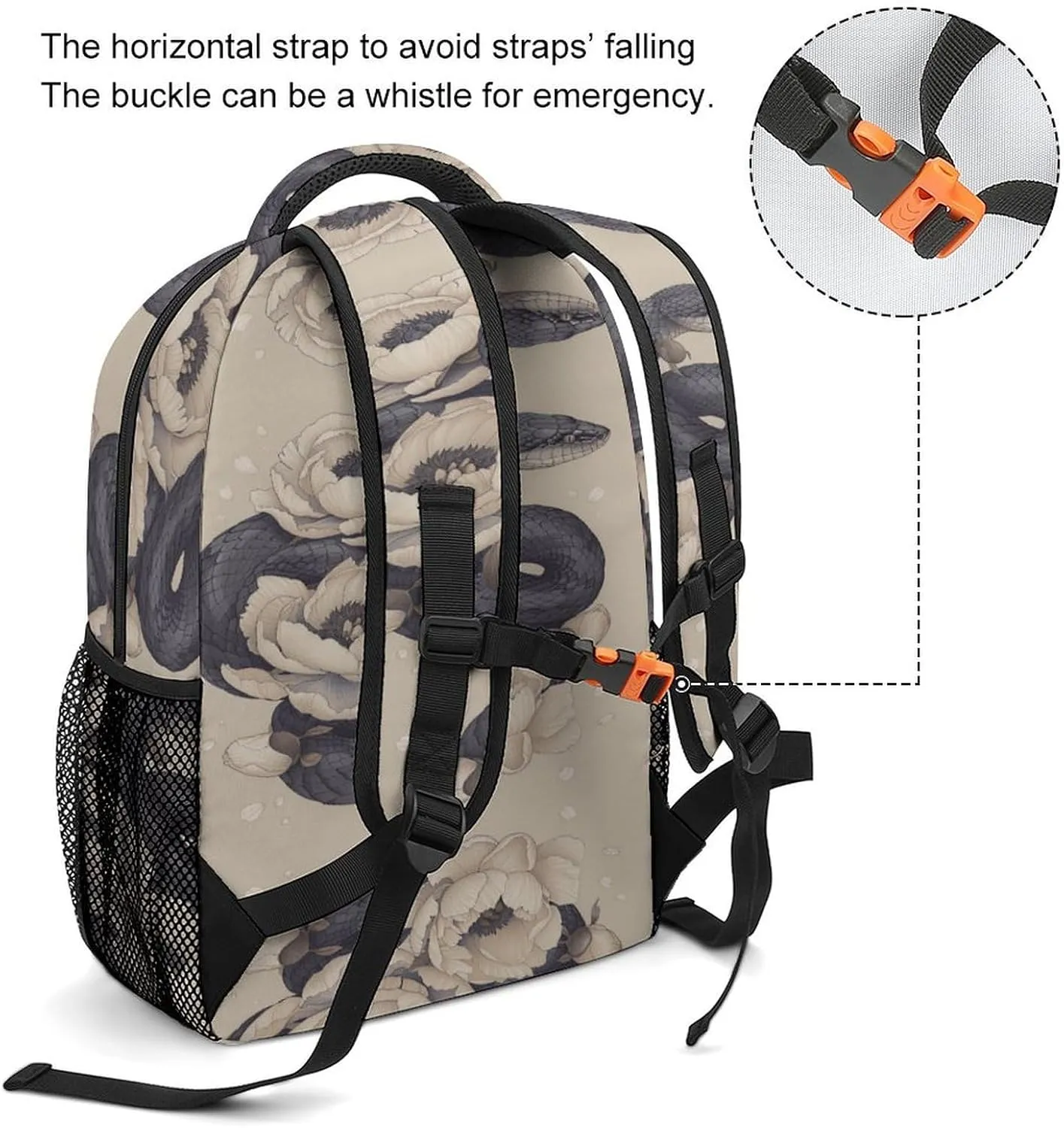 Small Backpacks Personalized Black Snake And Flower Printing Travel Bag Lightweight Travel Backpack For Women Men
