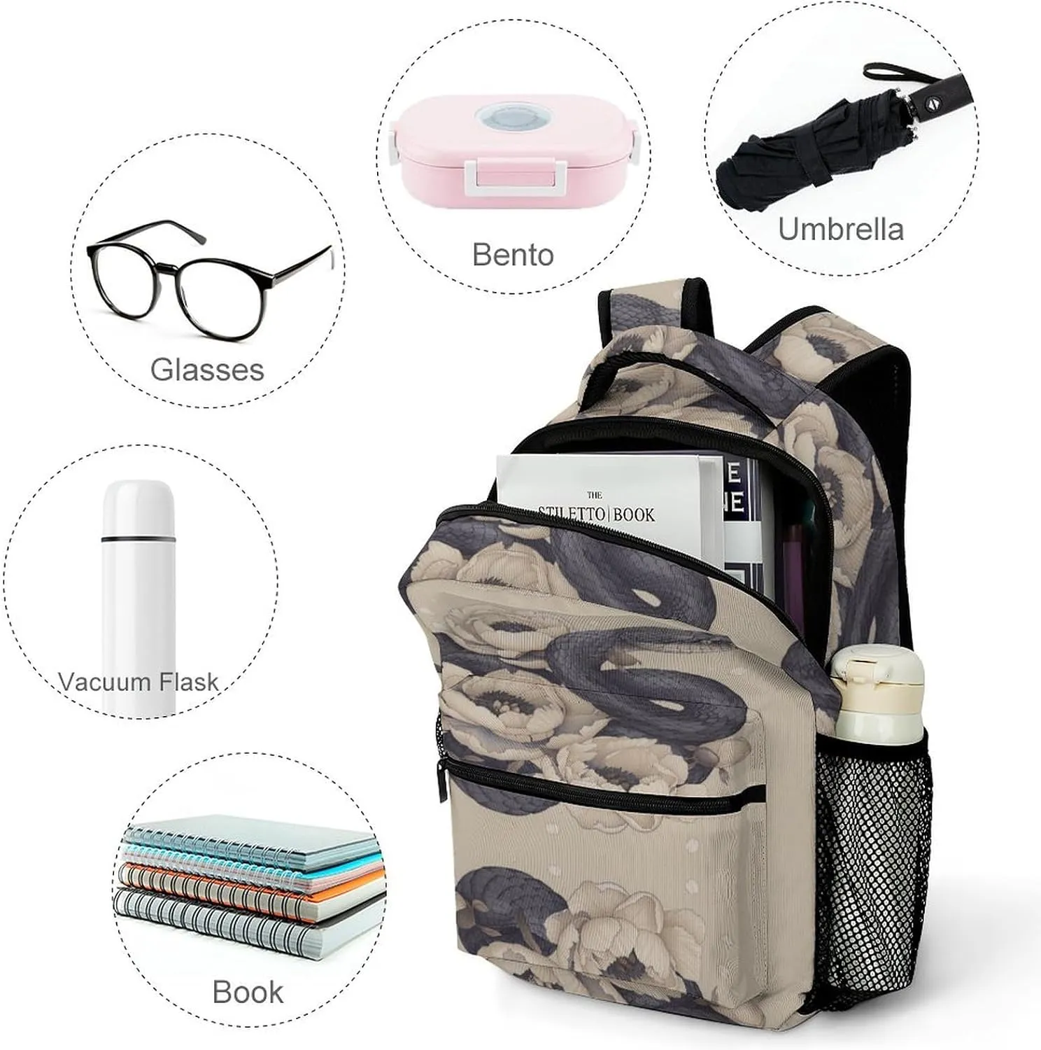 Small Backpacks Personalized Black Snake And Flower Printing Travel Bag Lightweight Travel Backpack For Women Men